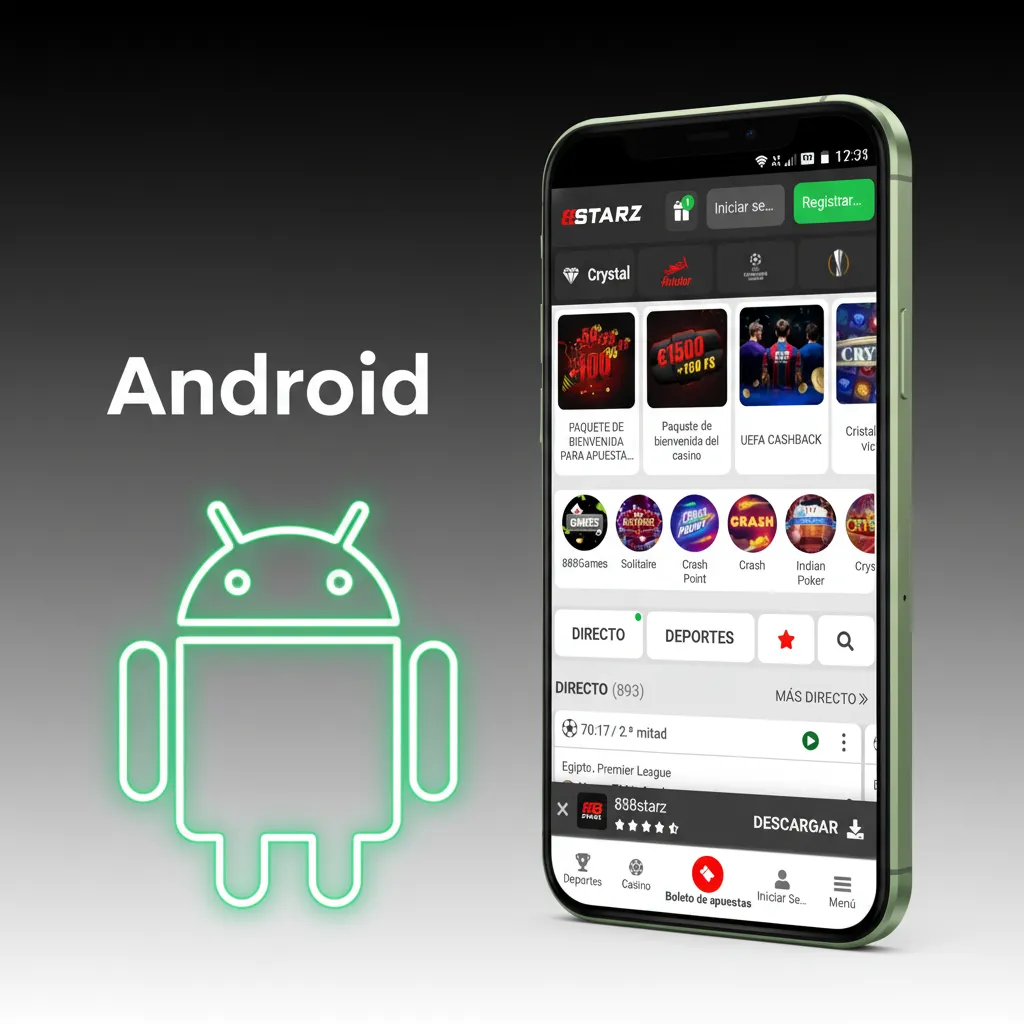Pantalla de móvil Android con la app de apuestas y casino; opción para descargar e instalar el APK en Android 8.0+