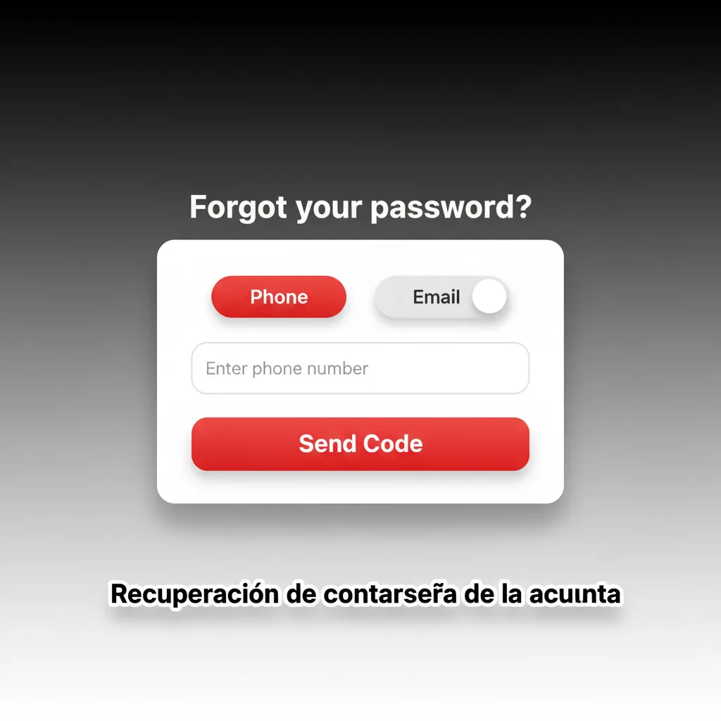 Pantalla de recuperación de contraseña: opciones email, SMS o redes; introduce código, crea nueva clave y activa 2FA.