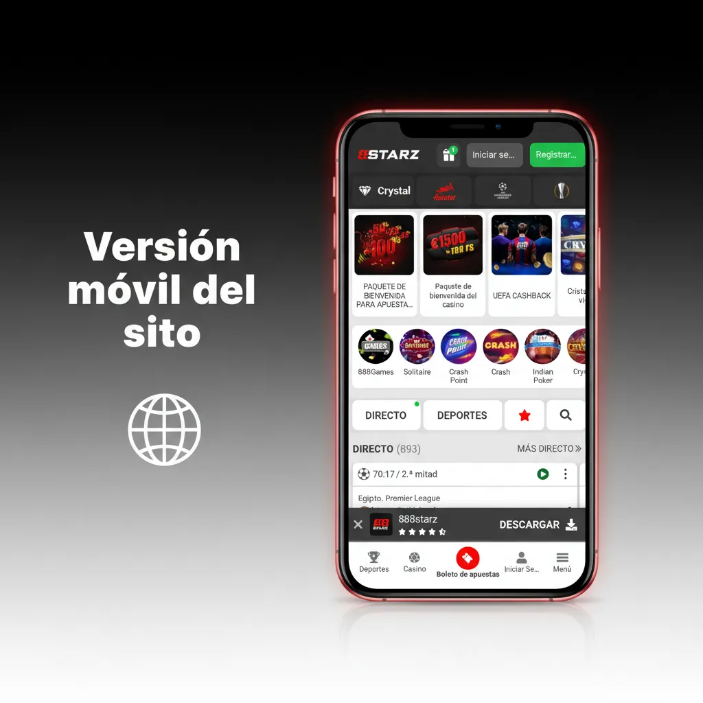 Versión móvil del sitio: menús adaptados, slip de apuesta flotante, mercados en vivo, slots y gestión de cuenta.