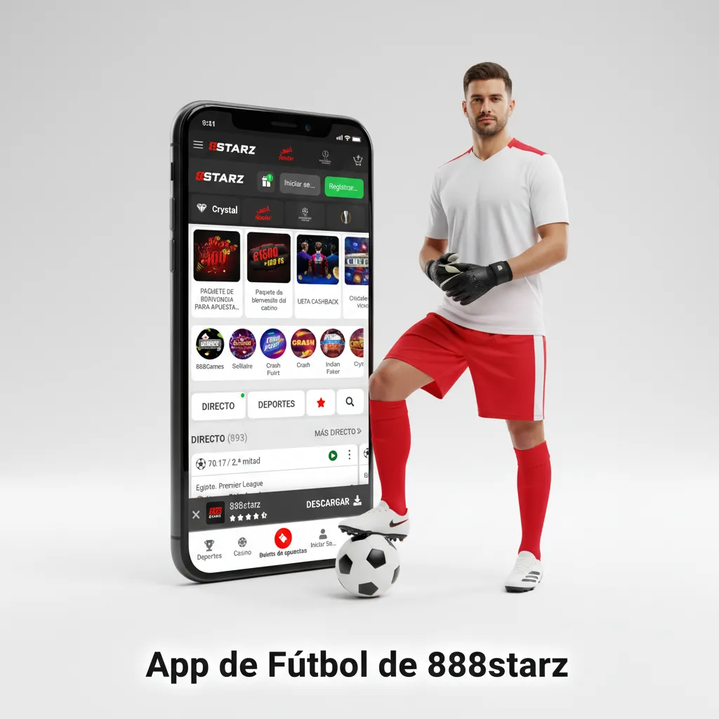 Pantalla de la app de fútbol 888starz en un móvil, con cuotas en directo, Cash Out, avisos de gol y estadísticas en vivo.