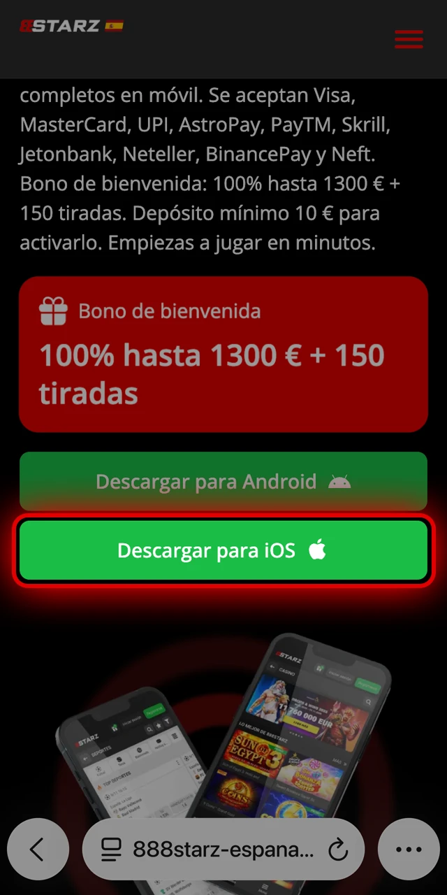 Aprende cómo pulsar el botón de descarga en 888starz iOS.