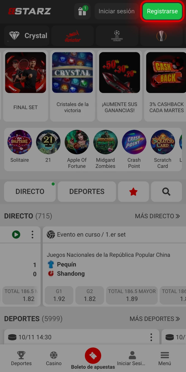 Aprende cómo abrir la app y tocar Registrarse en 888starz.
