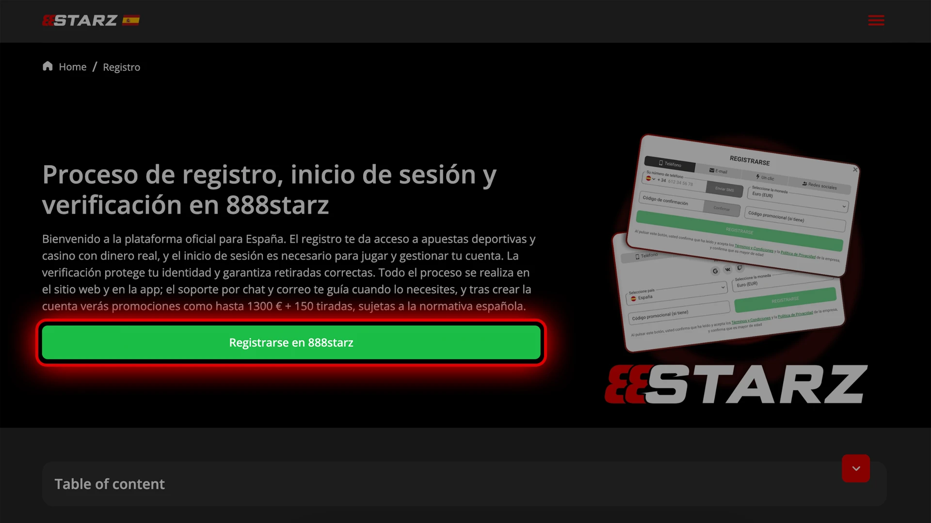 Aprende cómo hacer clic en el botón de registro en 888starz.