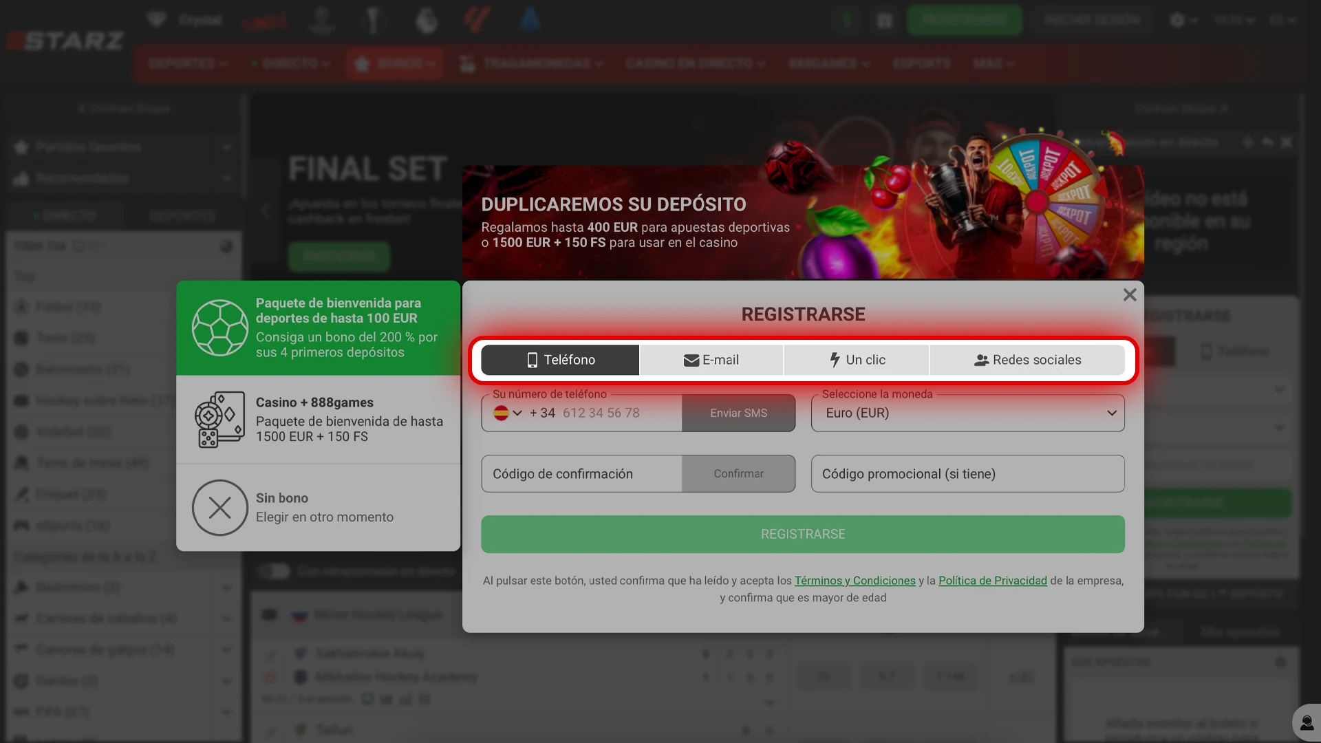 Lee cómo elegir método de registro en 888starz.