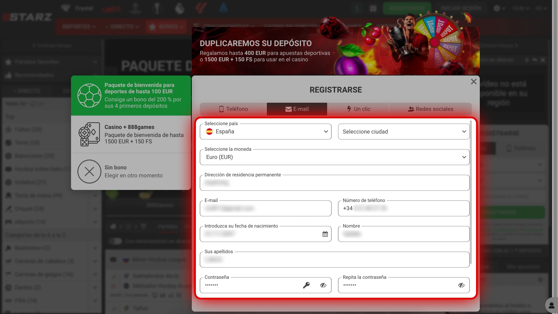 Pasos sencillos para rellenar tus datos y crear contraseña en 888starz.