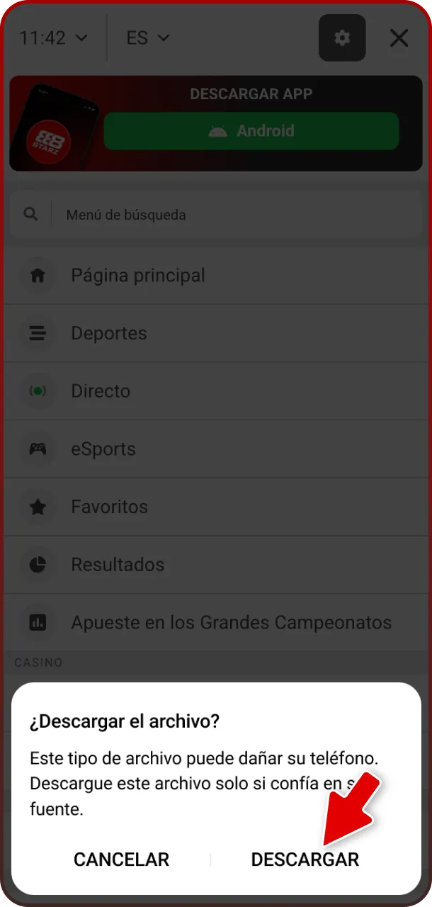 Presiona el botón y confirma la descarga en la ventana flotante de 888starz.