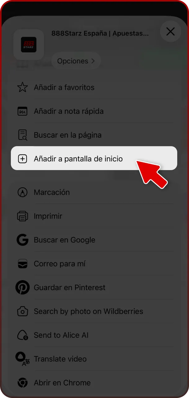 Selecciona la opción y añade a la pantalla de inicio la App 888starz.
