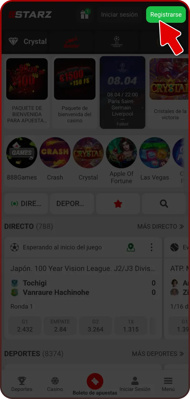 Abre la herramienta y comienza el proceso de registro en la App 888starz.