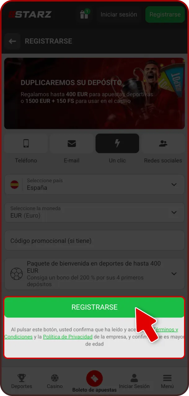 Pulsa el botón final y confirma el registro en la App 888starz.