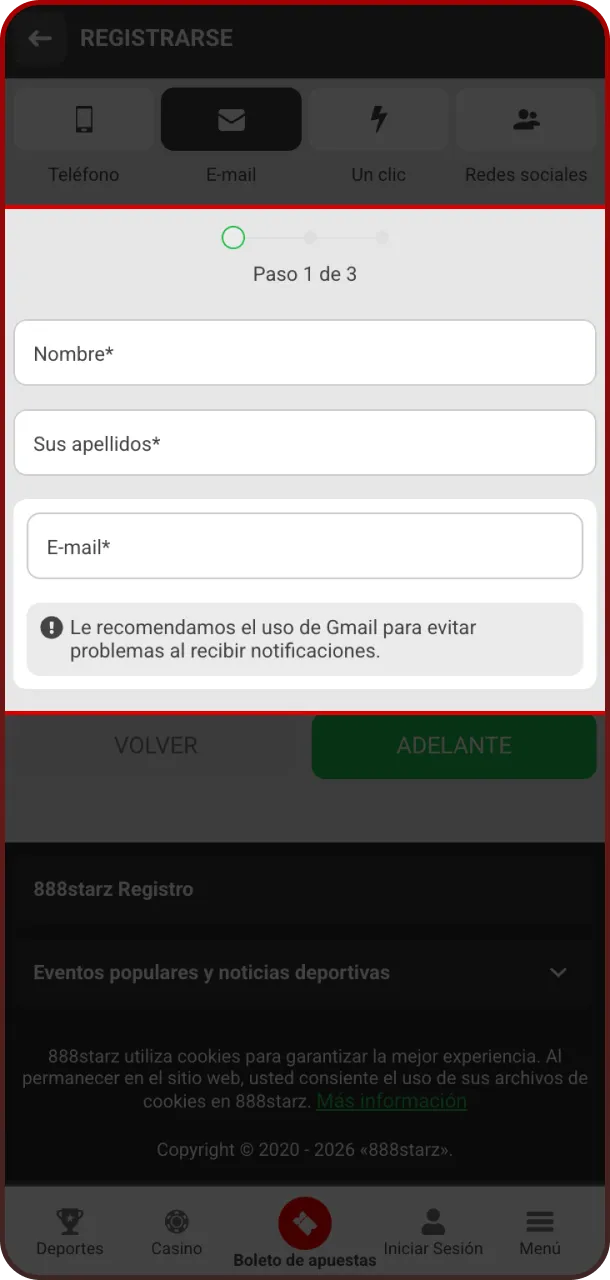 Usa el formulario y aporta tus datos personales en la App 888starz.