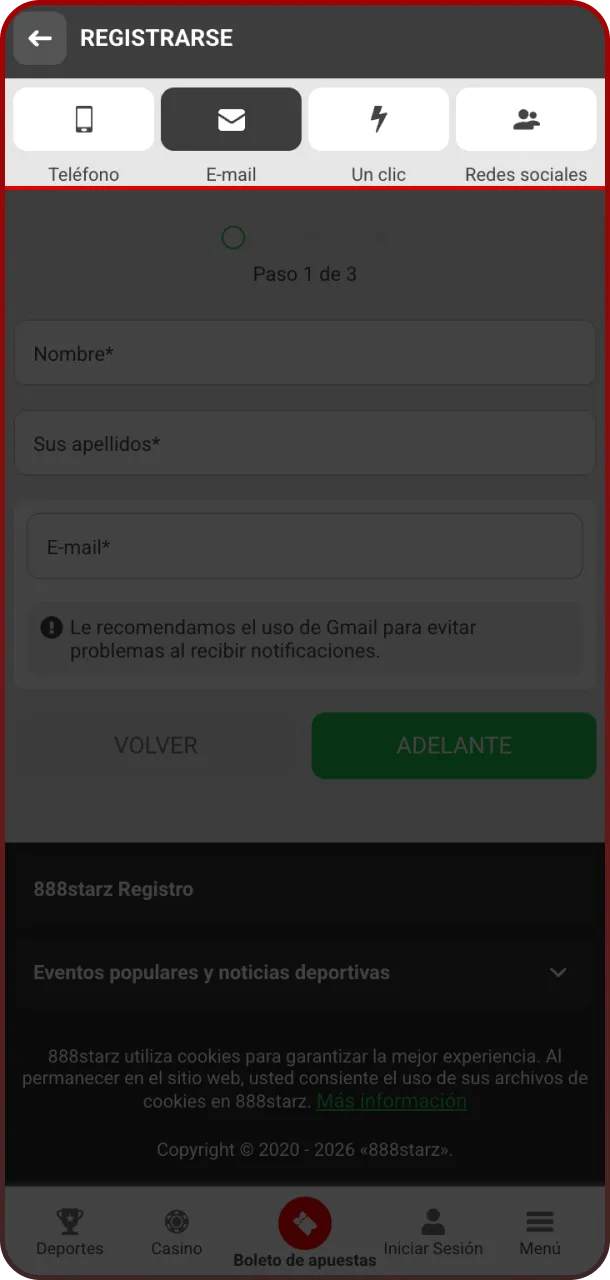 Revisa las opciones disponibles y elige una vía para unirte a 888starz.