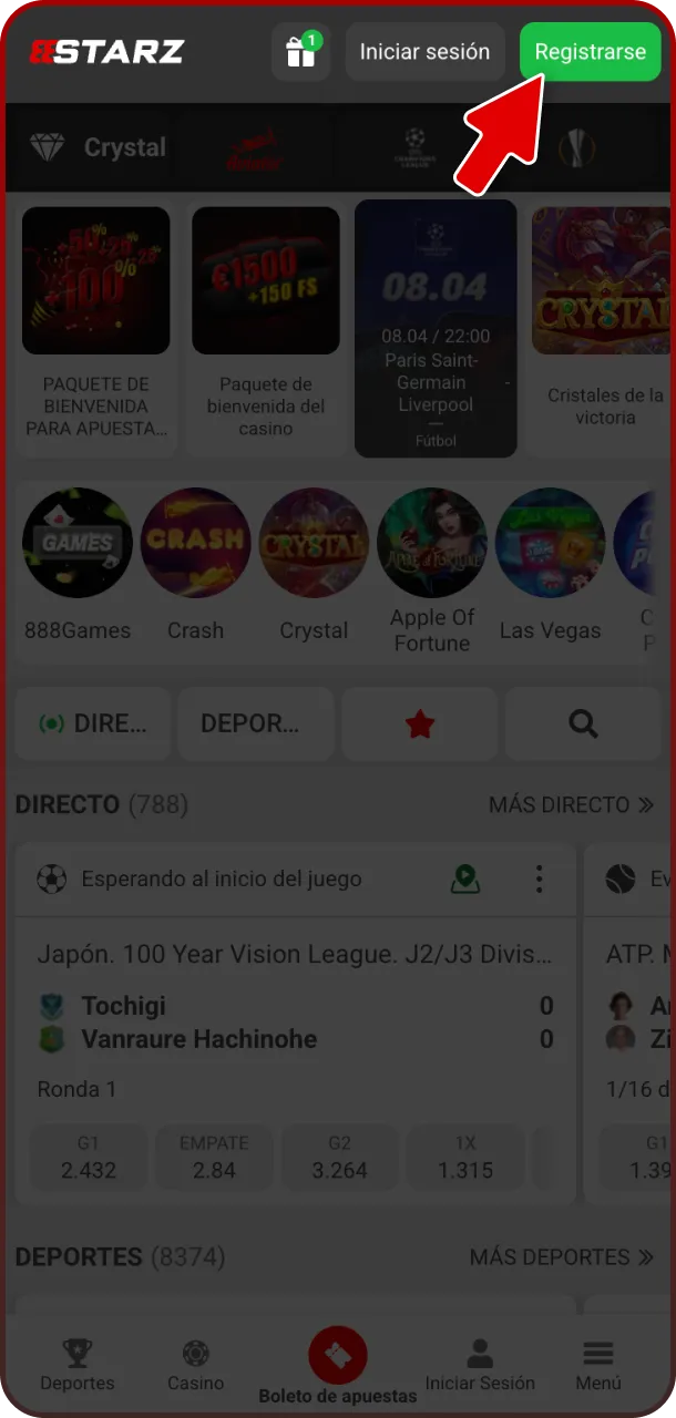 Haz clic en registrarse para comenzar tu aventura oficial en 888starz.