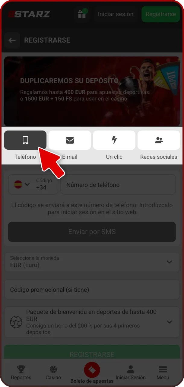 Debes elegir método de inscripción preferido para unirte a 888starz hoy.