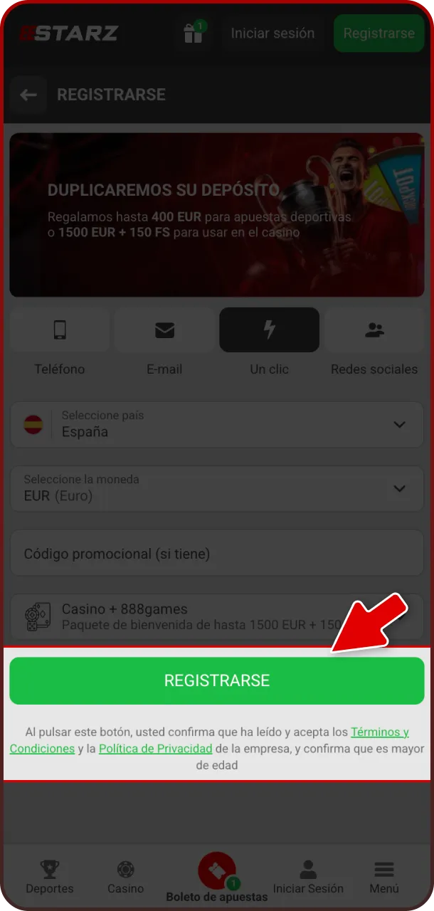 Finaliza el registro correctamente para recibir tu bono de bienvenida en 888starz.