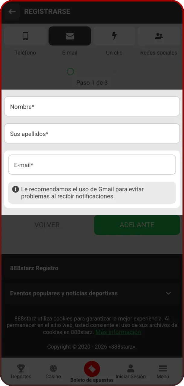 Completa tus datos personales para validar tu nuevo perfil en 888starz.