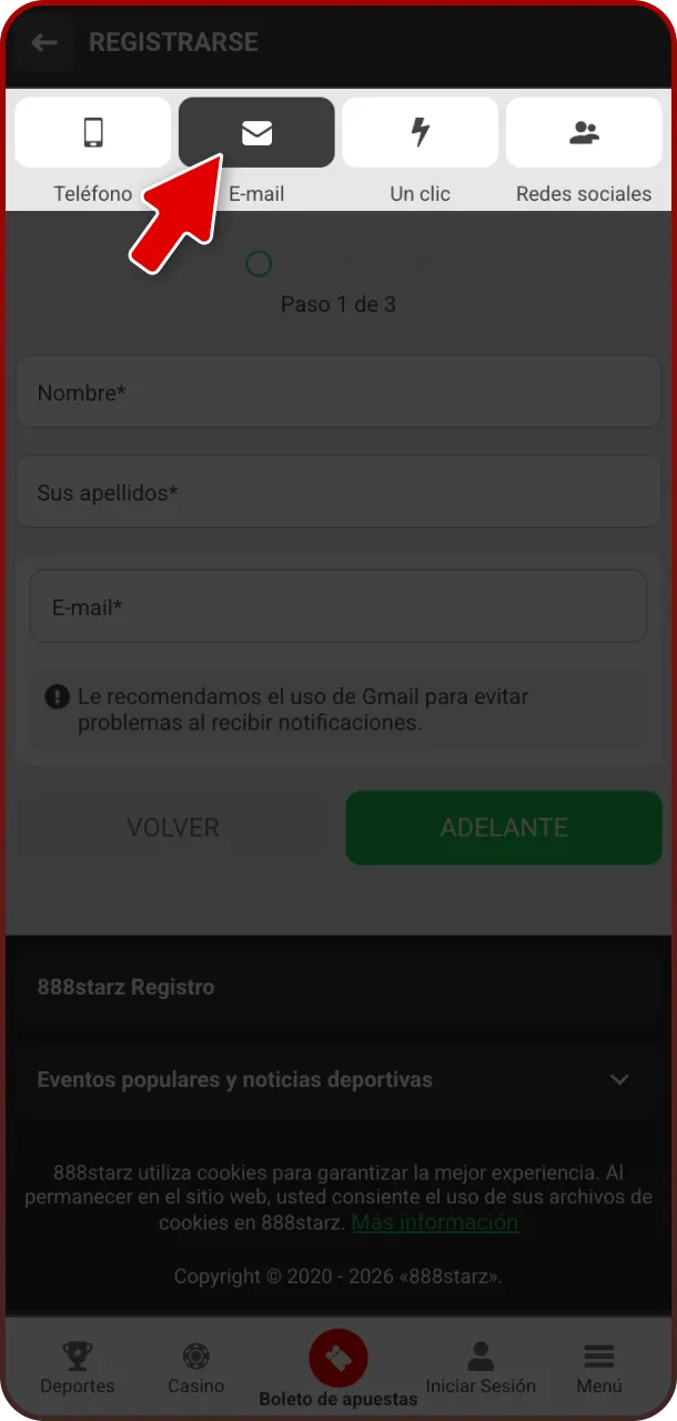 Elige un método de inscripción rápido para unirte a 888starz España hoy.